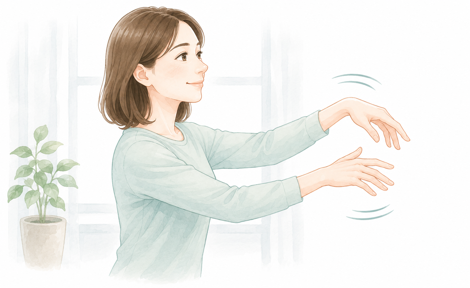 起床後に手を軽く振る女性